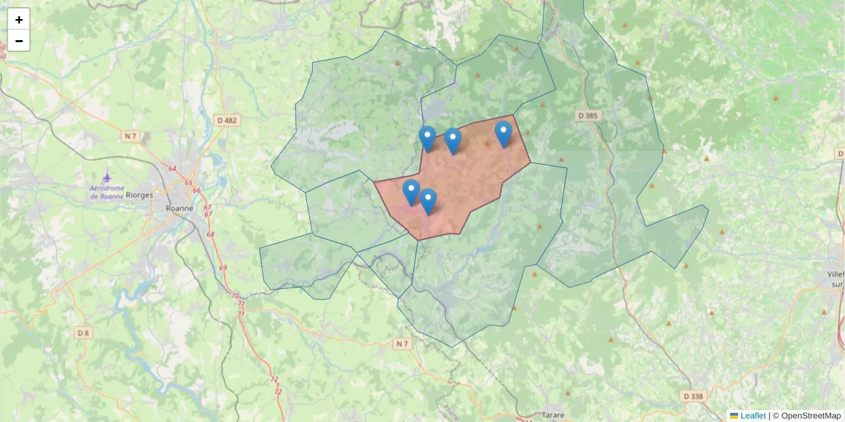 Carte de la zone du code postal  et des codes postaux voisins en France