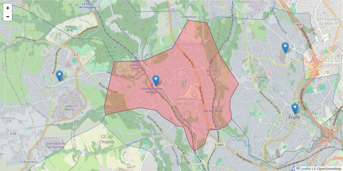 Carte de la zone du code postal  et des codes postaux voisins en France