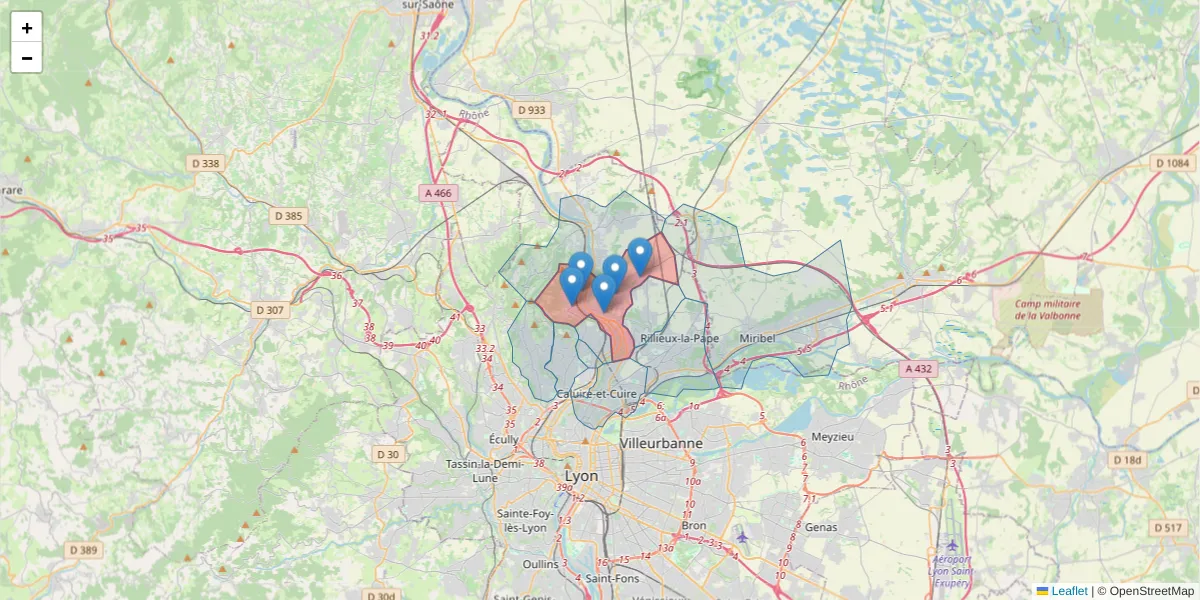 Carte de la zone du code postal  et des codes postaux voisins en France