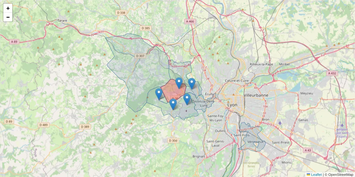Carte de la zone du code postal  et des codes postaux voisins en France