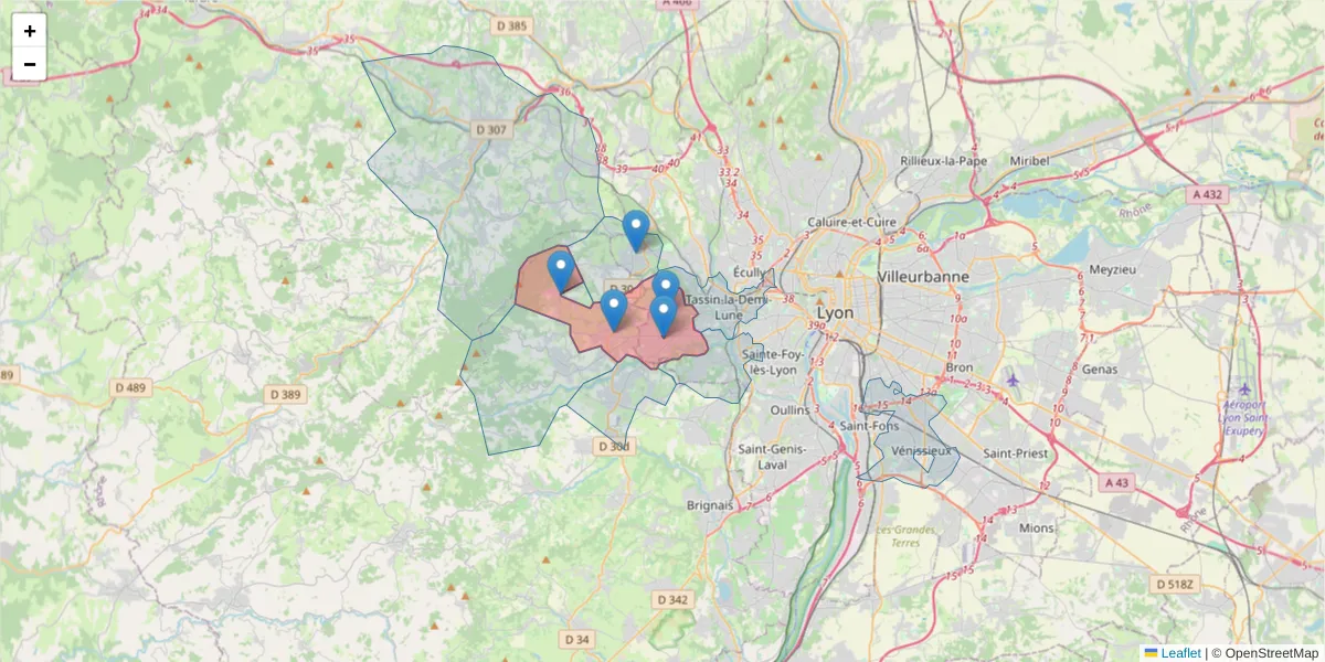 Carte de la zone du code postal  et des codes postaux voisins en France