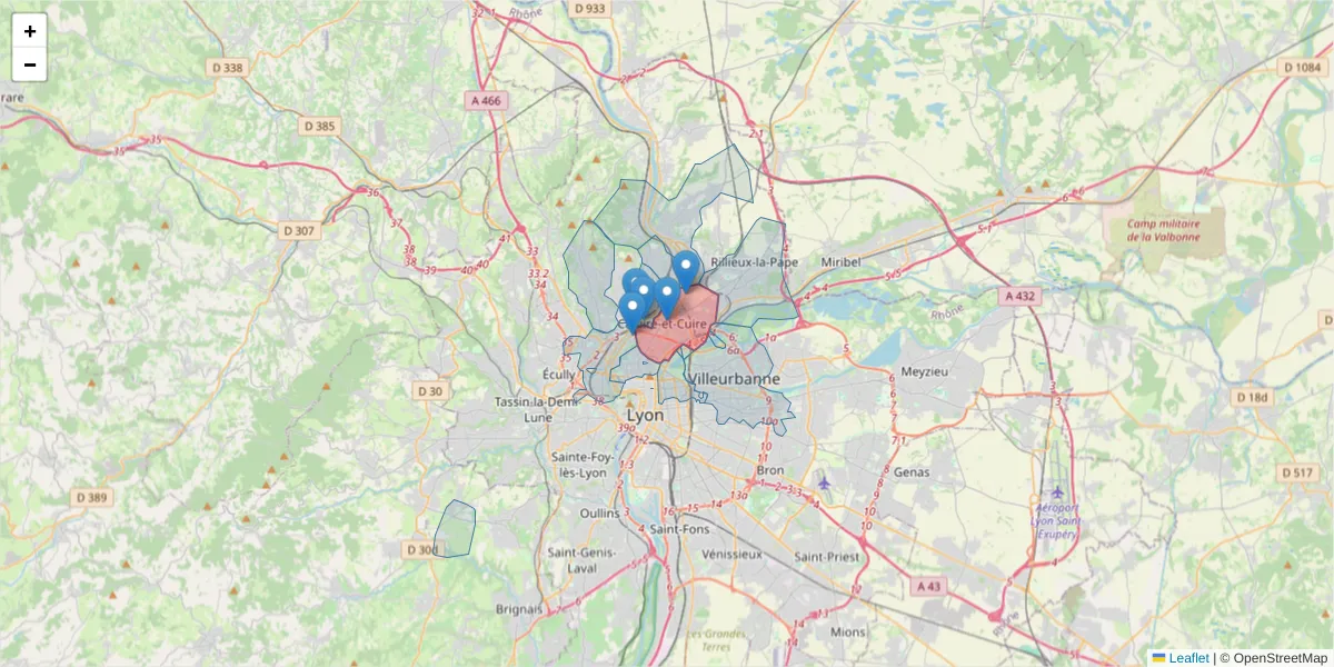 Carte de la zone du code postal  et des codes postaux voisins en France