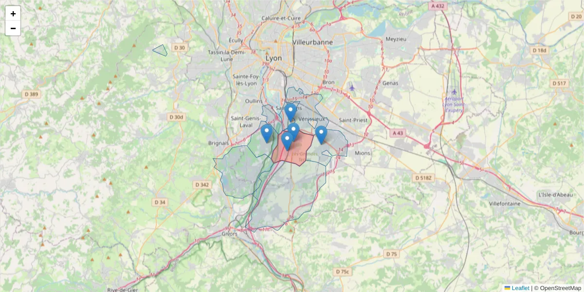 Carte de la zone du code postal  et des codes postaux voisins en France