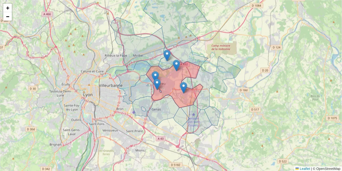 Carte de la zone du code postal  et des codes postaux voisins en France