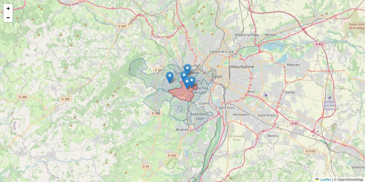 Carte de la zone du code postal  et des codes postaux voisins en France