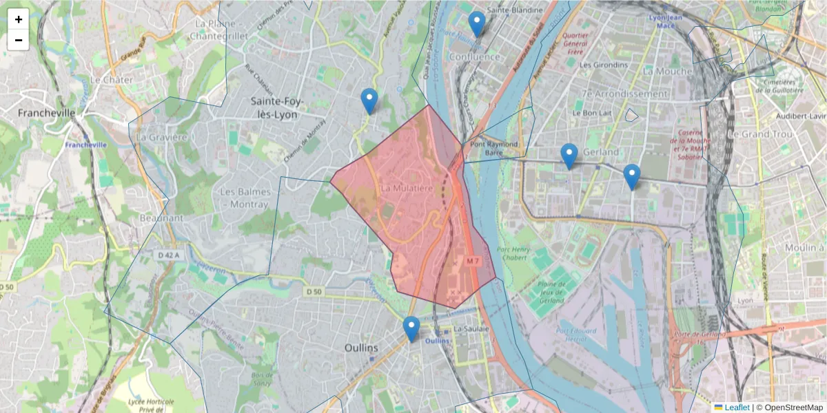 Carte de la zone du code postal  et des codes postaux voisins en France