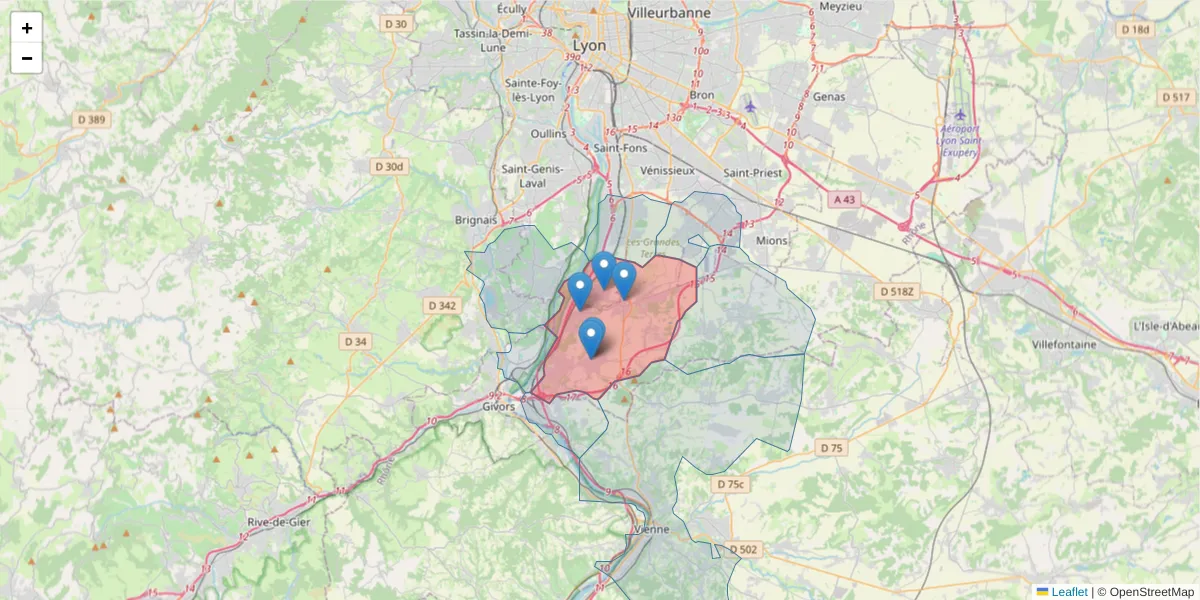 Carte de la zone du code postal  et des codes postaux voisins en France