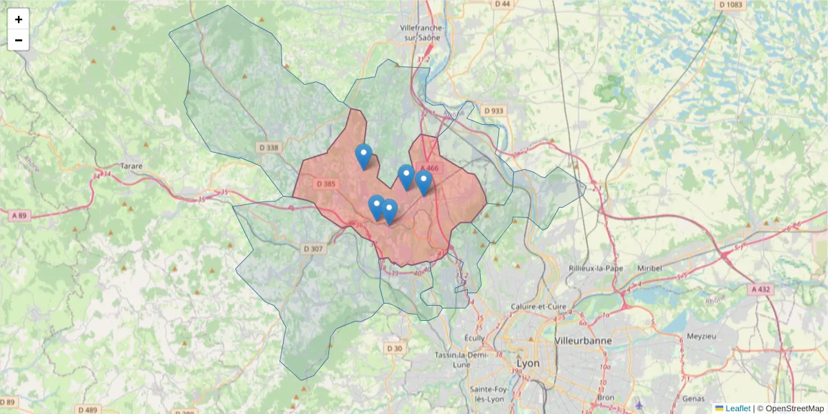 Carte de la zone du code postal  et des codes postaux voisins en France