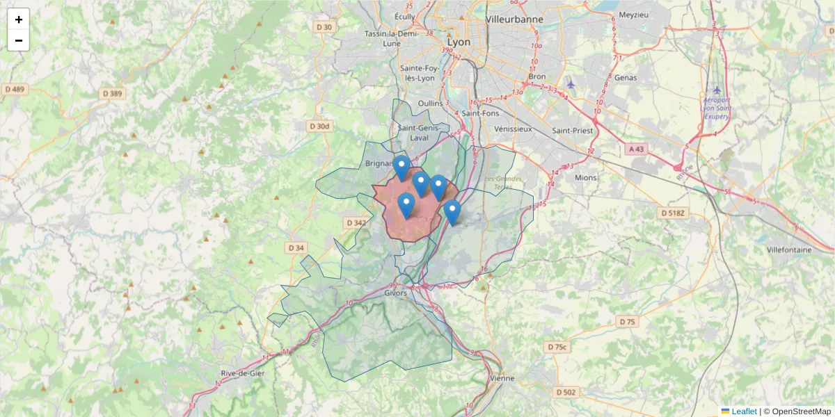 Carte de la zone du code postal  et des codes postaux voisins en France