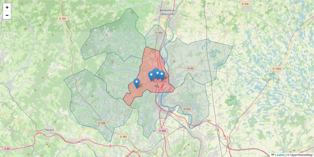 Carte de la zone du code postal  et des codes postaux voisins en France