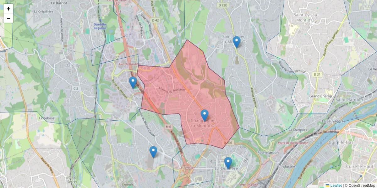 Carte de la zone du code postal  et des codes postaux voisins en France