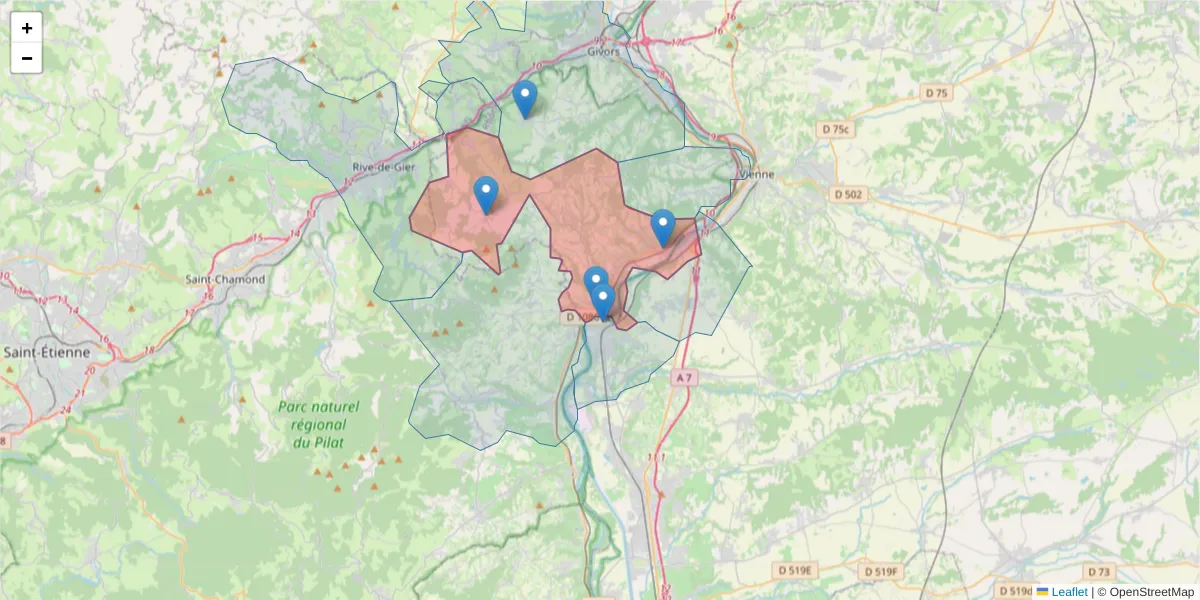 Carte de la zone du code postal  et des codes postaux voisins en France