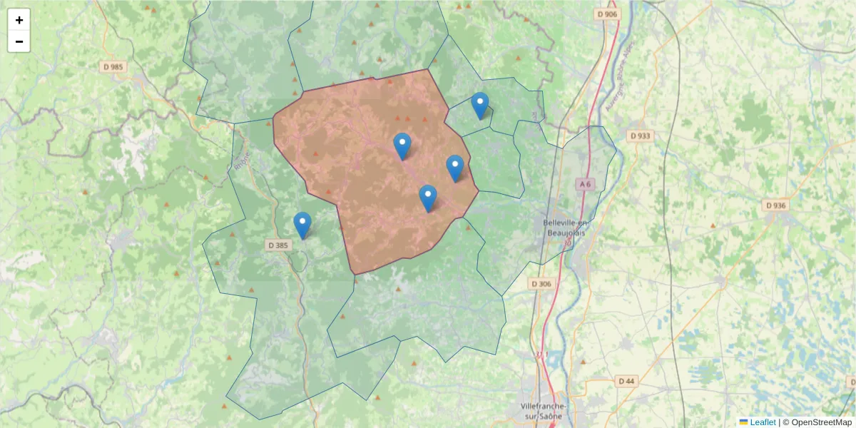 Carte de la zone du code postal  et des codes postaux voisins en France