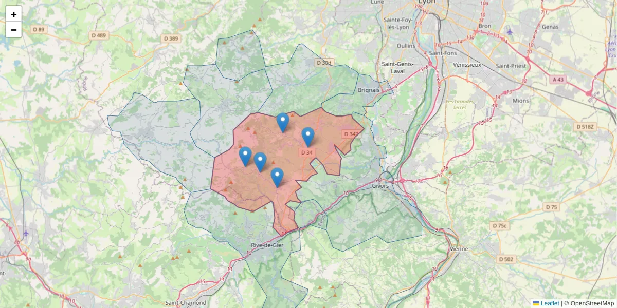 Carte de la zone du code postal  et des codes postaux voisins en France