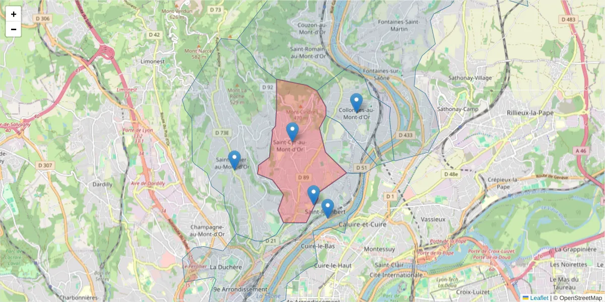 Carte de la zone du code postal  et des codes postaux voisins en France