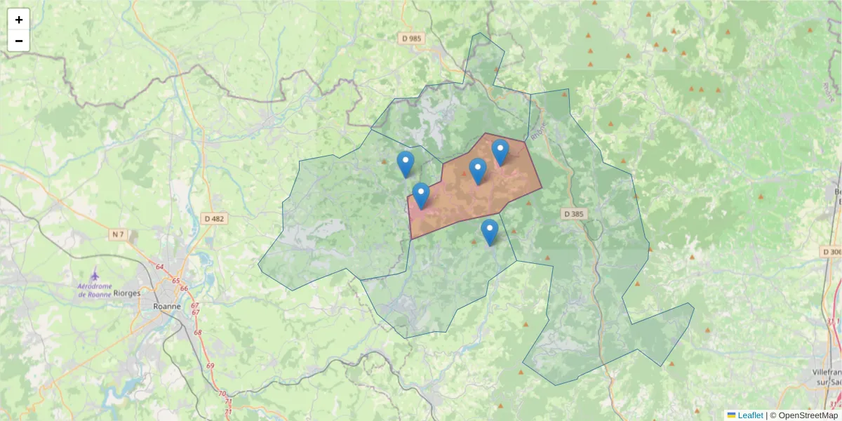 Carte de la zone du code postal  et des codes postaux voisins en France