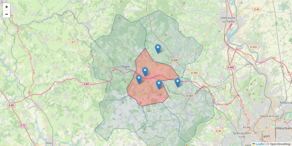 Carte de la zone du code postal  et des codes postaux voisins en France