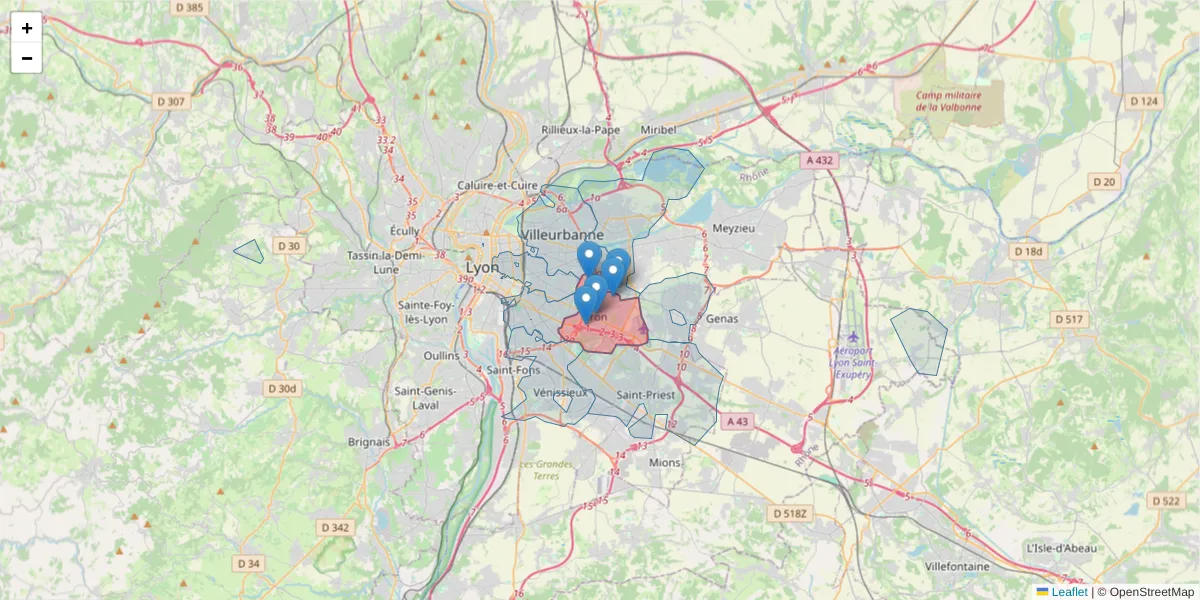 Carte de la zone du code postal  et des codes postaux voisins en France