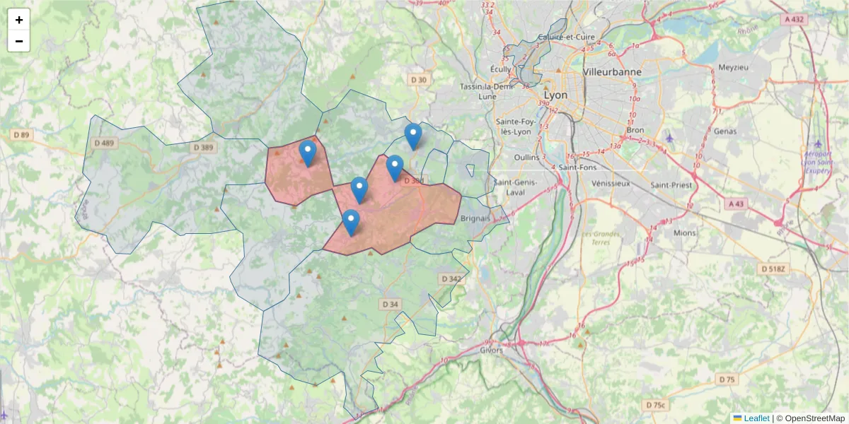 Carte de la zone du code postal  et des codes postaux voisins en France