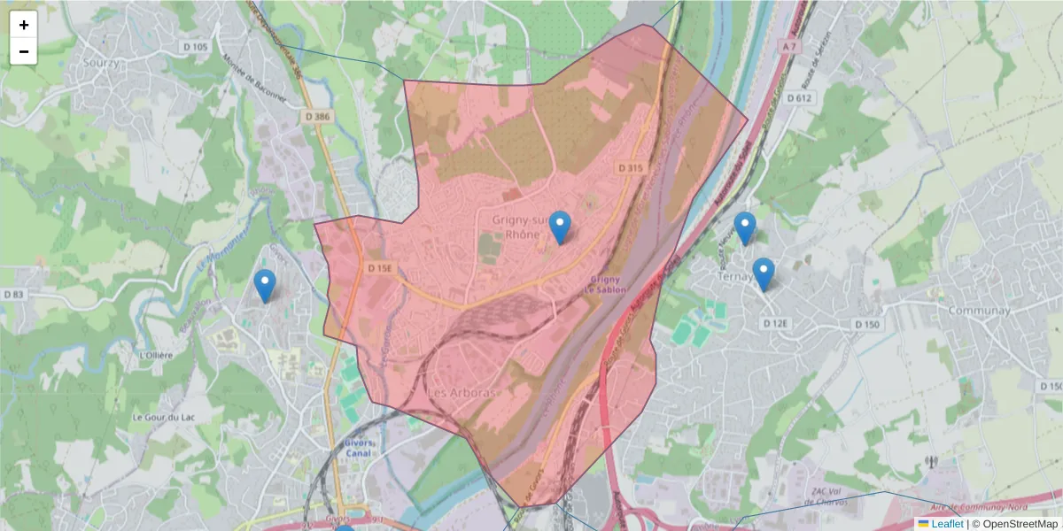 Carte de la zone du code postal  et des codes postaux voisins en France