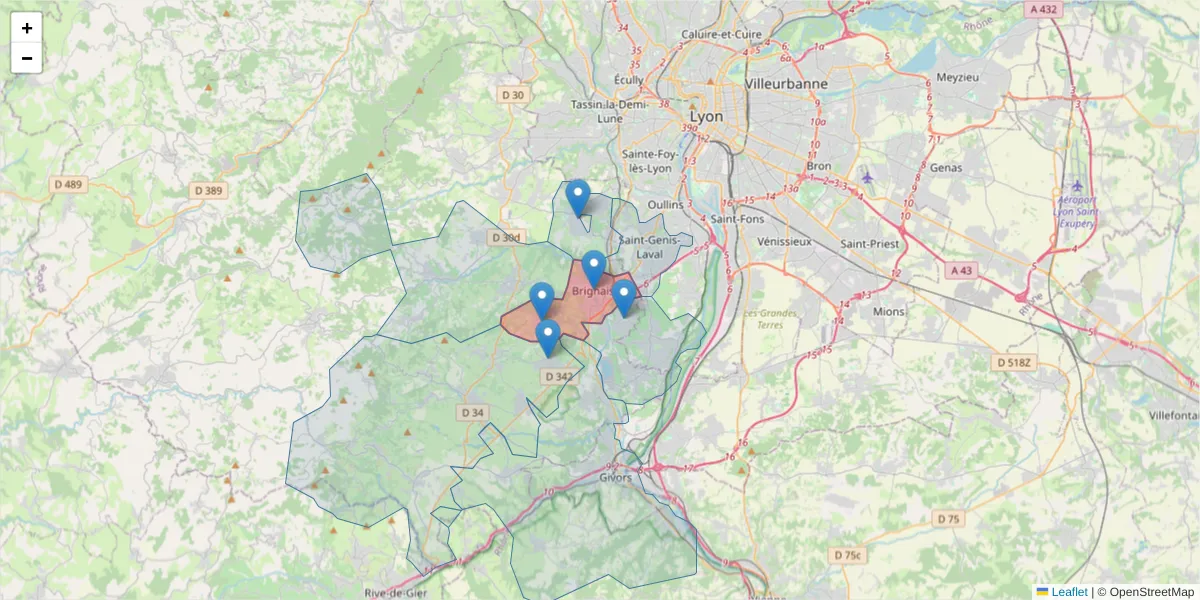 Carte de la zone du code postal  et des codes postaux voisins en France