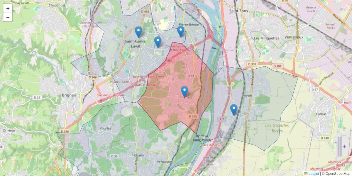 Carte de la zone du code postal  et des codes postaux voisins en France