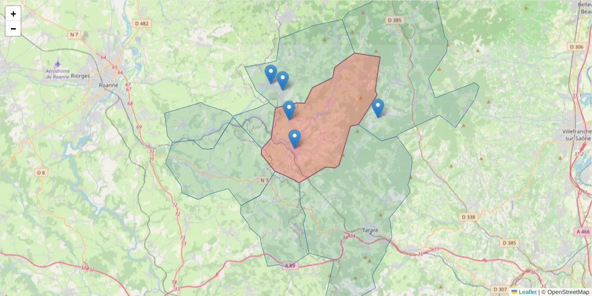 Carte de la zone du code postal  et des codes postaux voisins en France