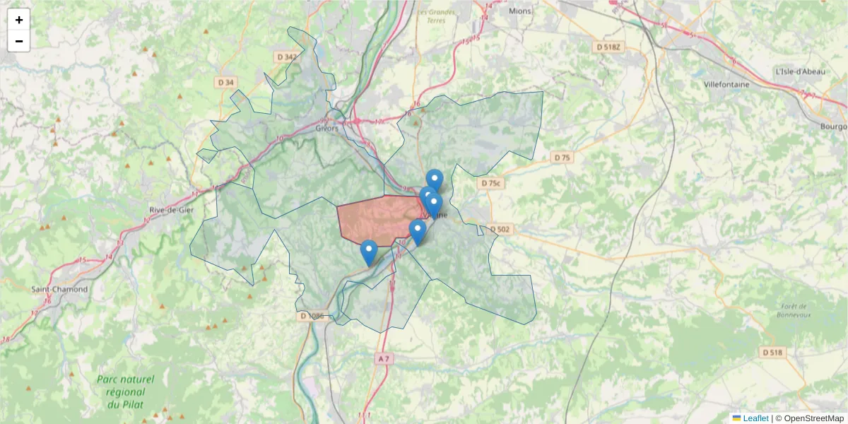 Carte de la zone du code postal  et des codes postaux voisins en France