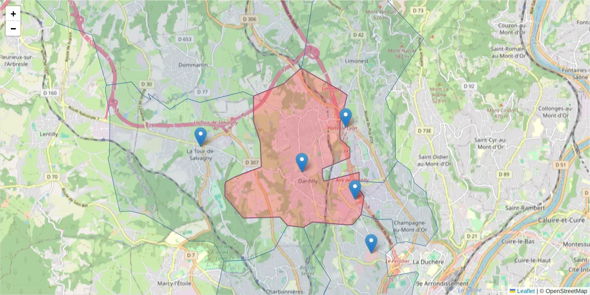 Carte de la zone du code postal  et des codes postaux voisins en France