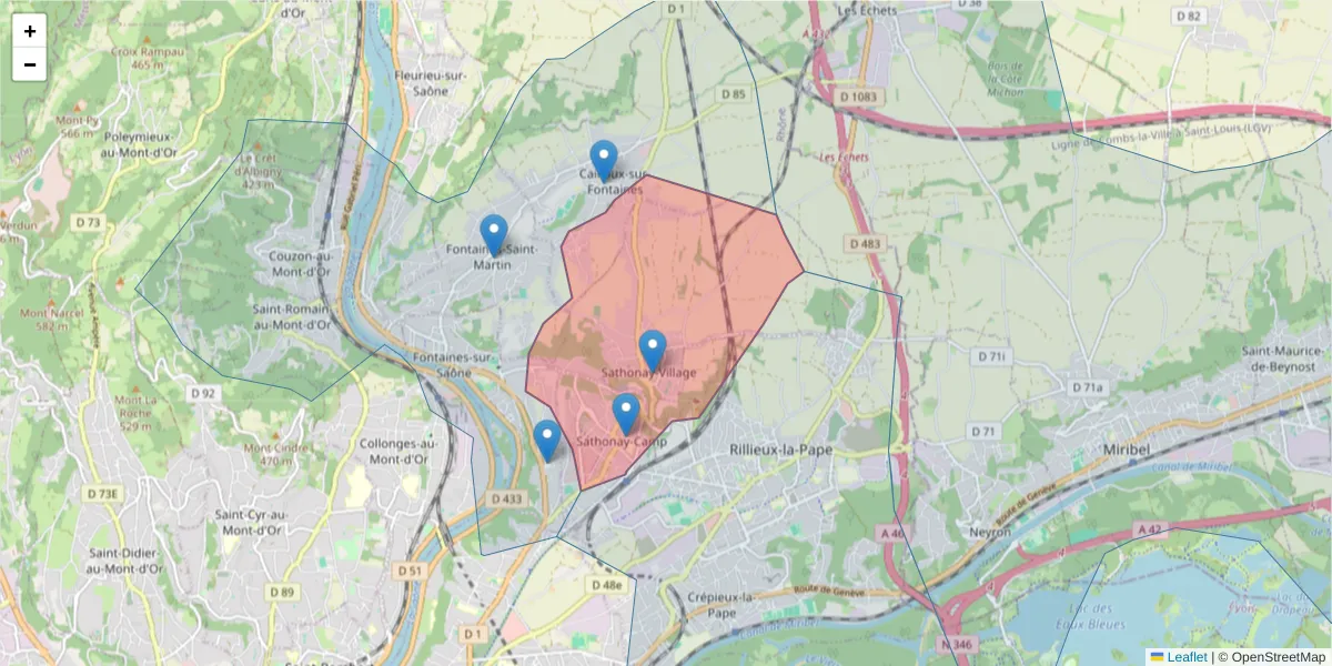 Carte de la zone du code postal  et des codes postaux voisins en France