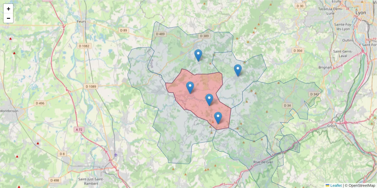Carte de la zone du code postal  et des codes postaux voisins en France