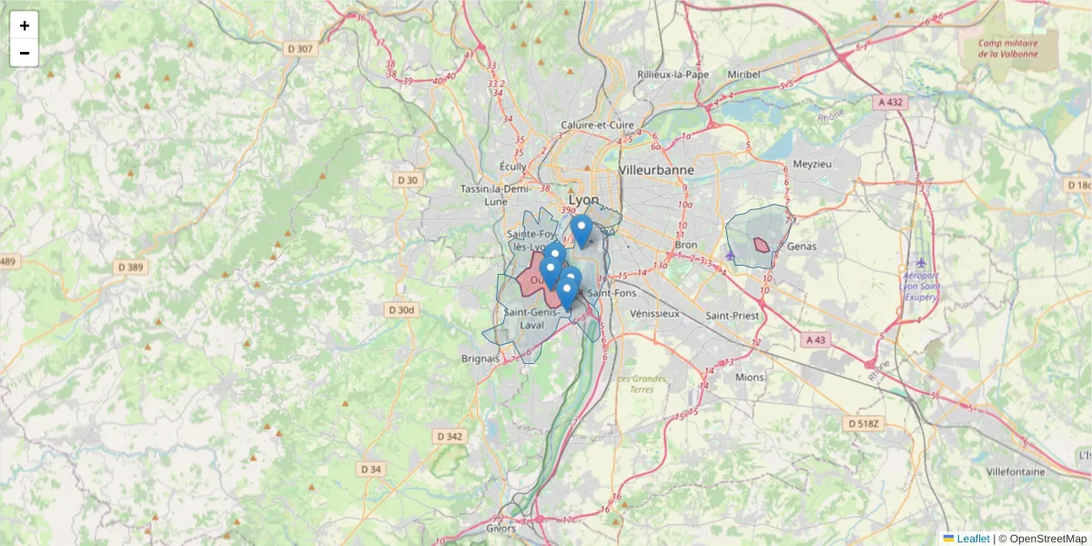 Carte de la zone du code postal  et des codes postaux voisins en France