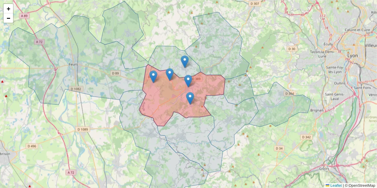 Carte de la zone du code postal  et des codes postaux voisins en France