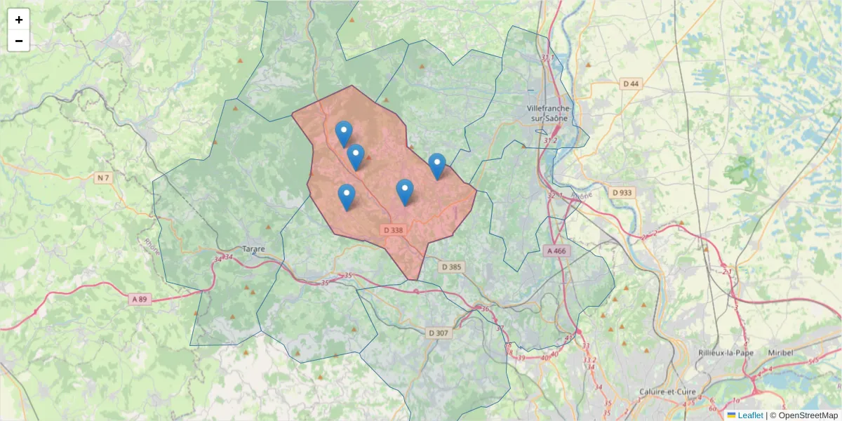 Carte de la zone du code postal  et des codes postaux voisins en France