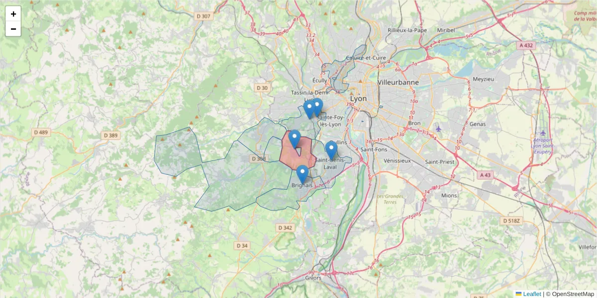 Carte de la zone du code postal  et des codes postaux voisins en France