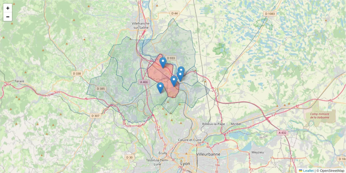 Carte de la zone du code postal  et des codes postaux voisins en France