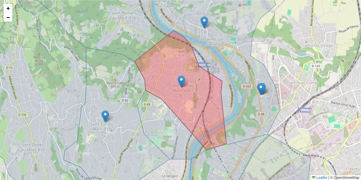Carte de la zone du code postal  et des codes postaux voisins en France