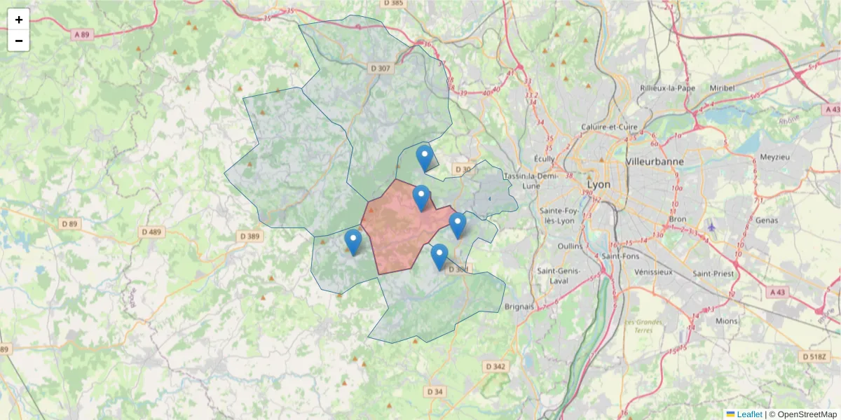Carte de la zone du code postal  et des codes postaux voisins en France