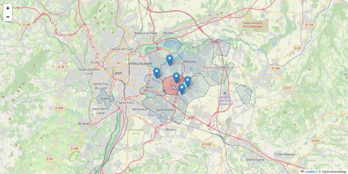 Carte de la zone du code postal  et des codes postaux voisins en France