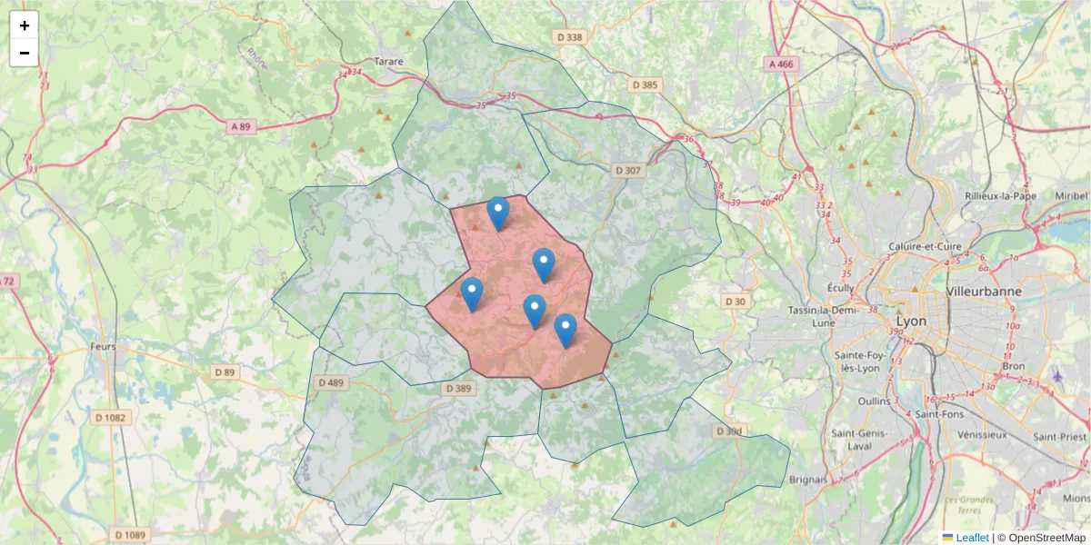 Carte de la zone du code postal  et des codes postaux voisins en France