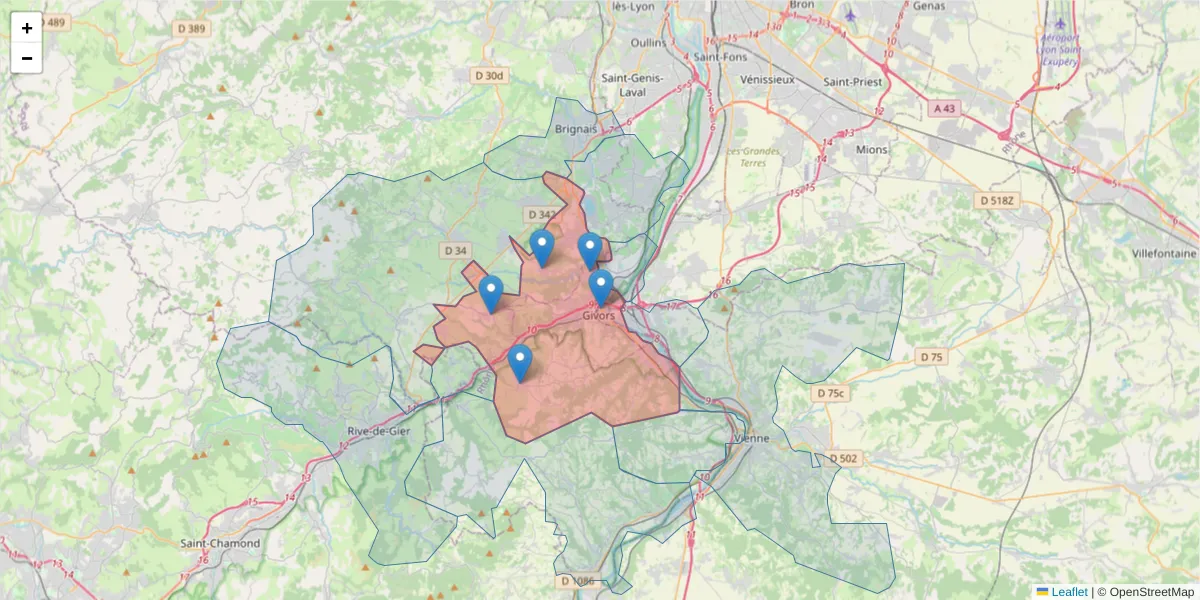 Carte de la zone du code postal  et des codes postaux voisins en France