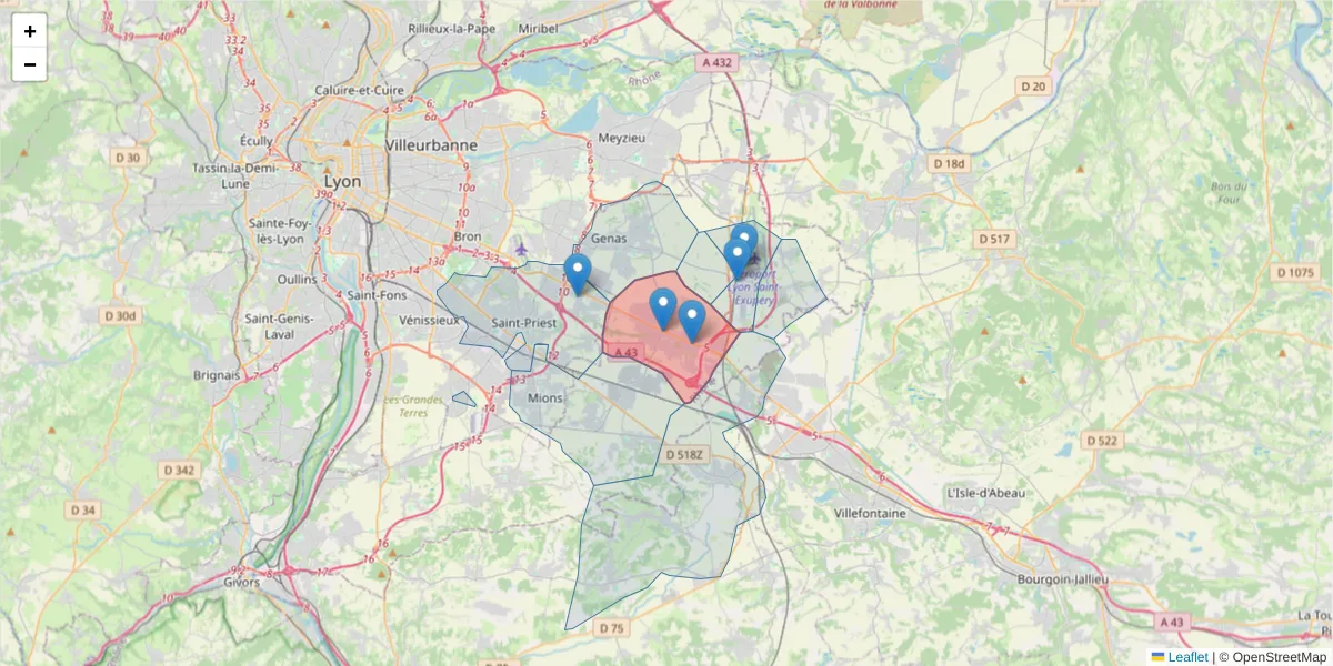 Carte de la zone du code postal  et des codes postaux voisins en France