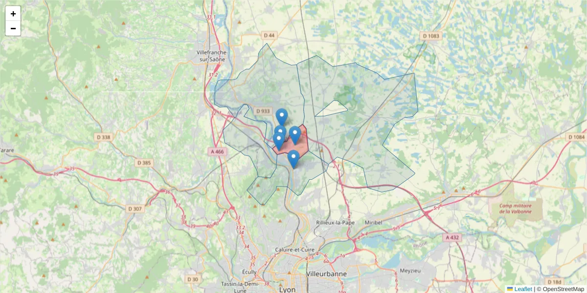 Carte de la zone du code postal  et des codes postaux voisins en France