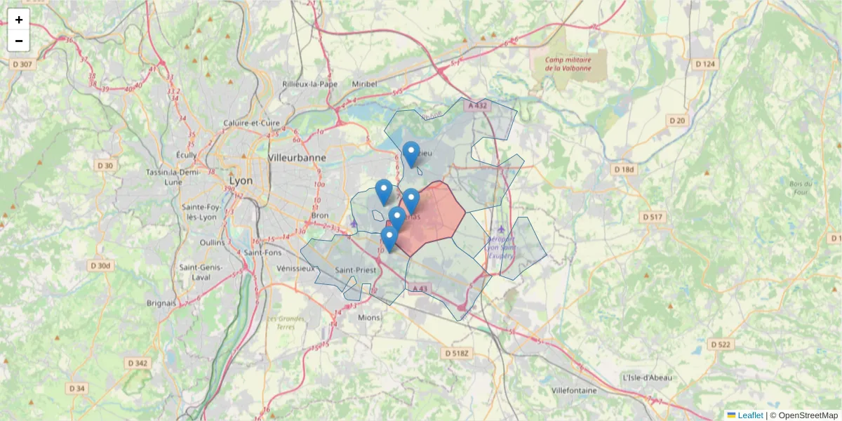 Carte de la zone du code postal  et des codes postaux voisins en France