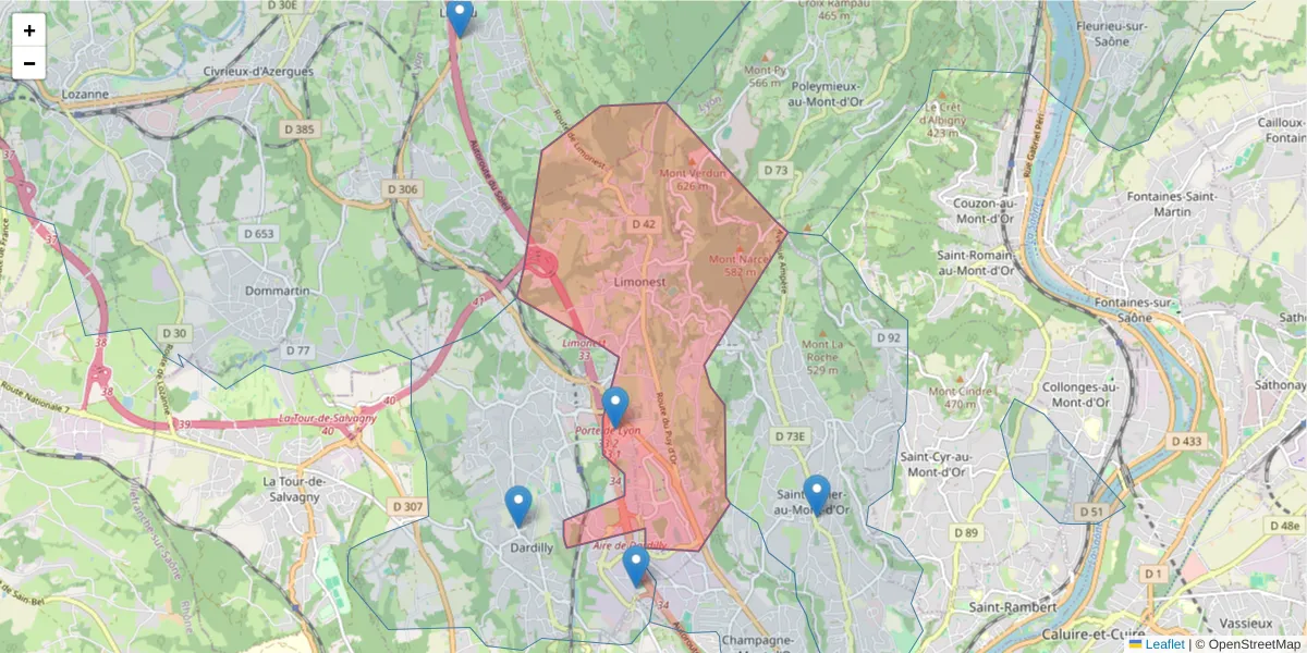 Carte de la zone du code postal  et des codes postaux voisins en France