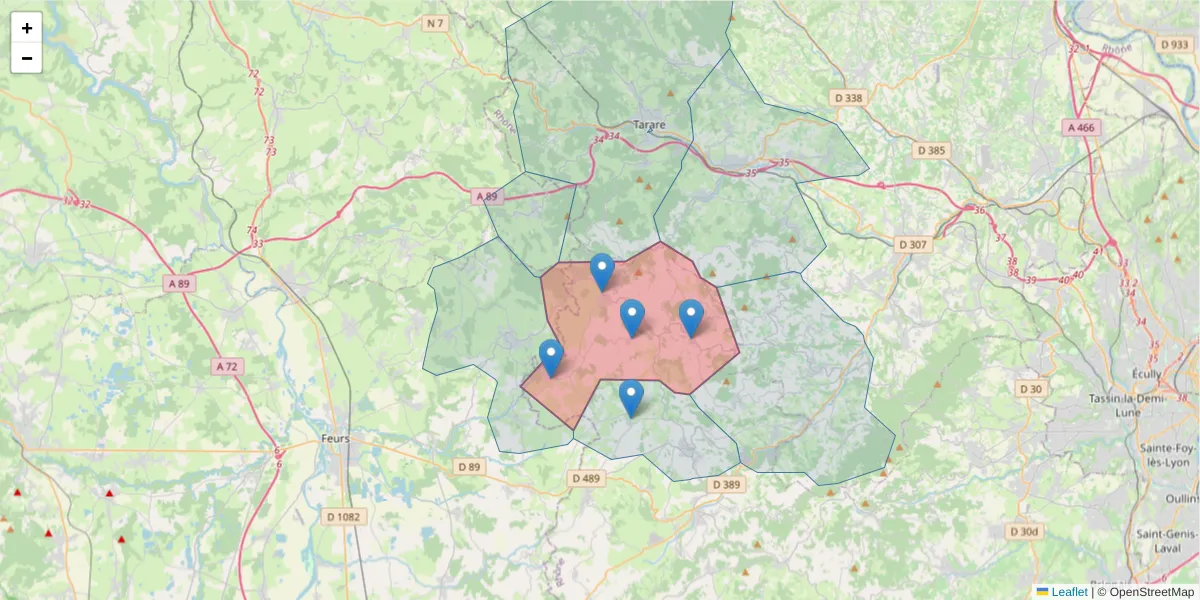 Carte de la zone du code postal  et des codes postaux voisins en France
