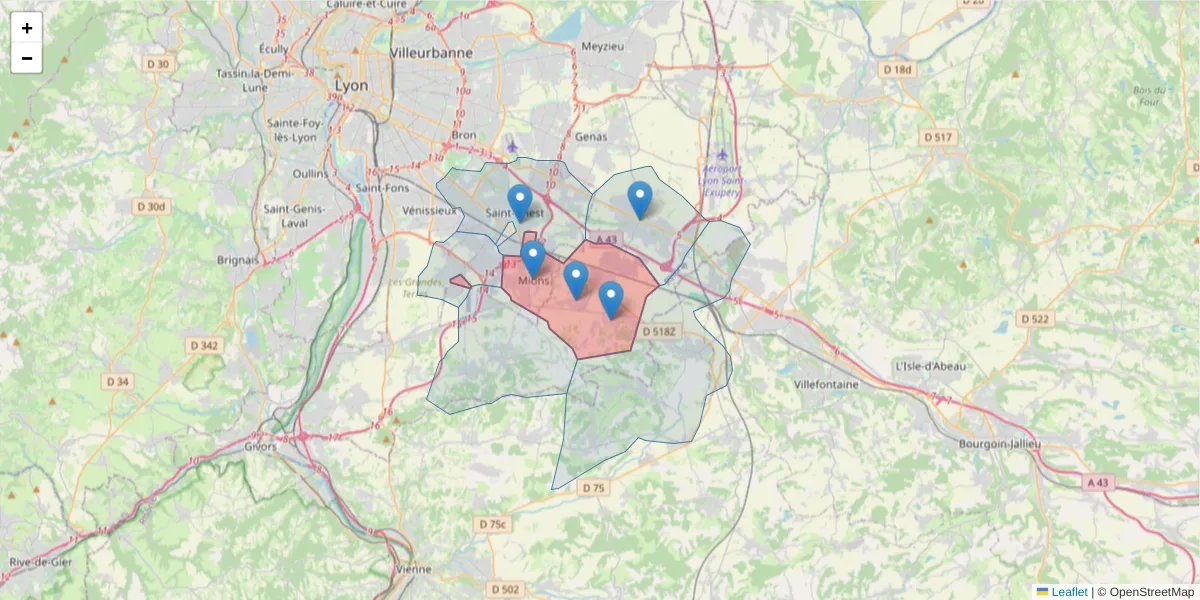 Carte de la zone du code postal  et des codes postaux voisins en France