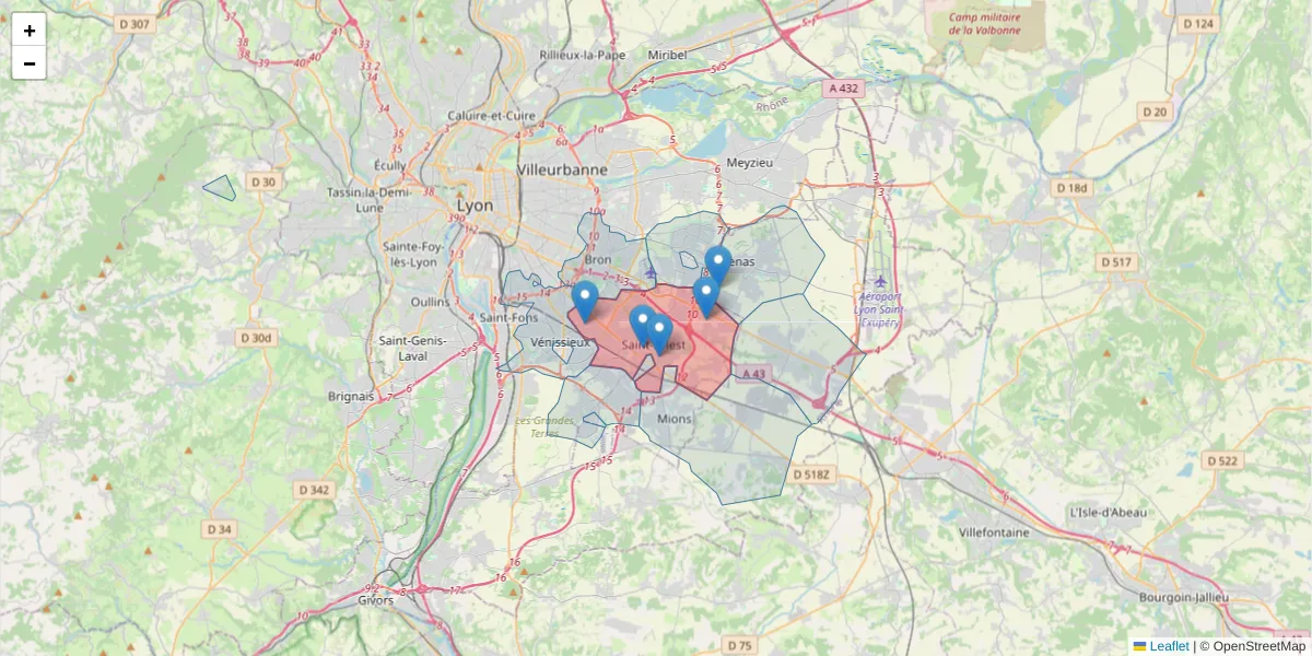 Carte de la zone du code postal  et des codes postaux voisins en France