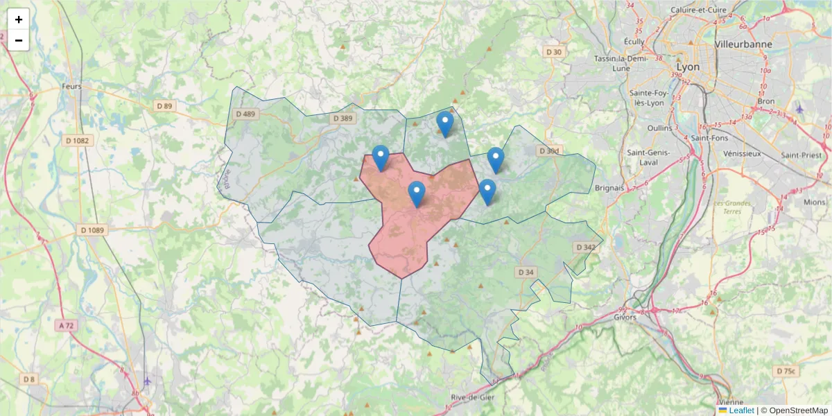 Carte de la zone du code postal  et des codes postaux voisins en France