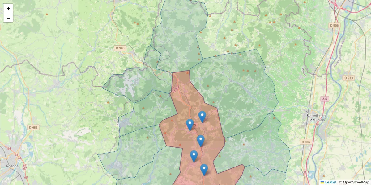 Carte de la zone du code postal  et des codes postaux voisins en France